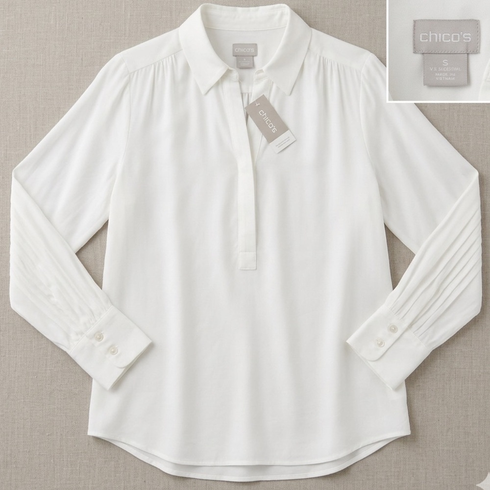 Chico's White 100% Modal Long Sleeve Henley Blouse - Size 2 (US 12/14)